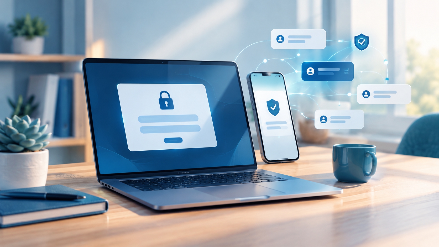 Ordinateur et smartphone illustrant la protection des comptes professionnels par mot de passe et double authentification.